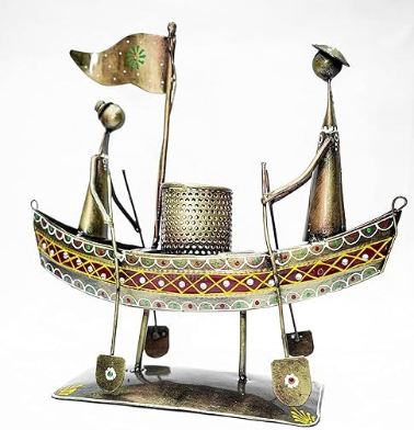 AAIZONE Iron Painted 5 Man in Boat Pen Holder Cum Showpiece,Pen Stand for Study Table,Office, Dining Table Decor and Gifts I Pen Stand Rust Free Metal Spoon and Pen Holder