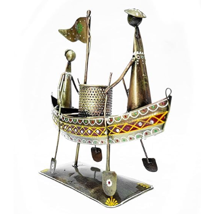 AAIZONE Iron Painted 5 Man in Boat Pen Holder Cum Showpiece,Pen Stand for Study Table,Office, Dining Table Decor and Gifts I Pen Stand Rust Free Metal Spoon and Pen Holder